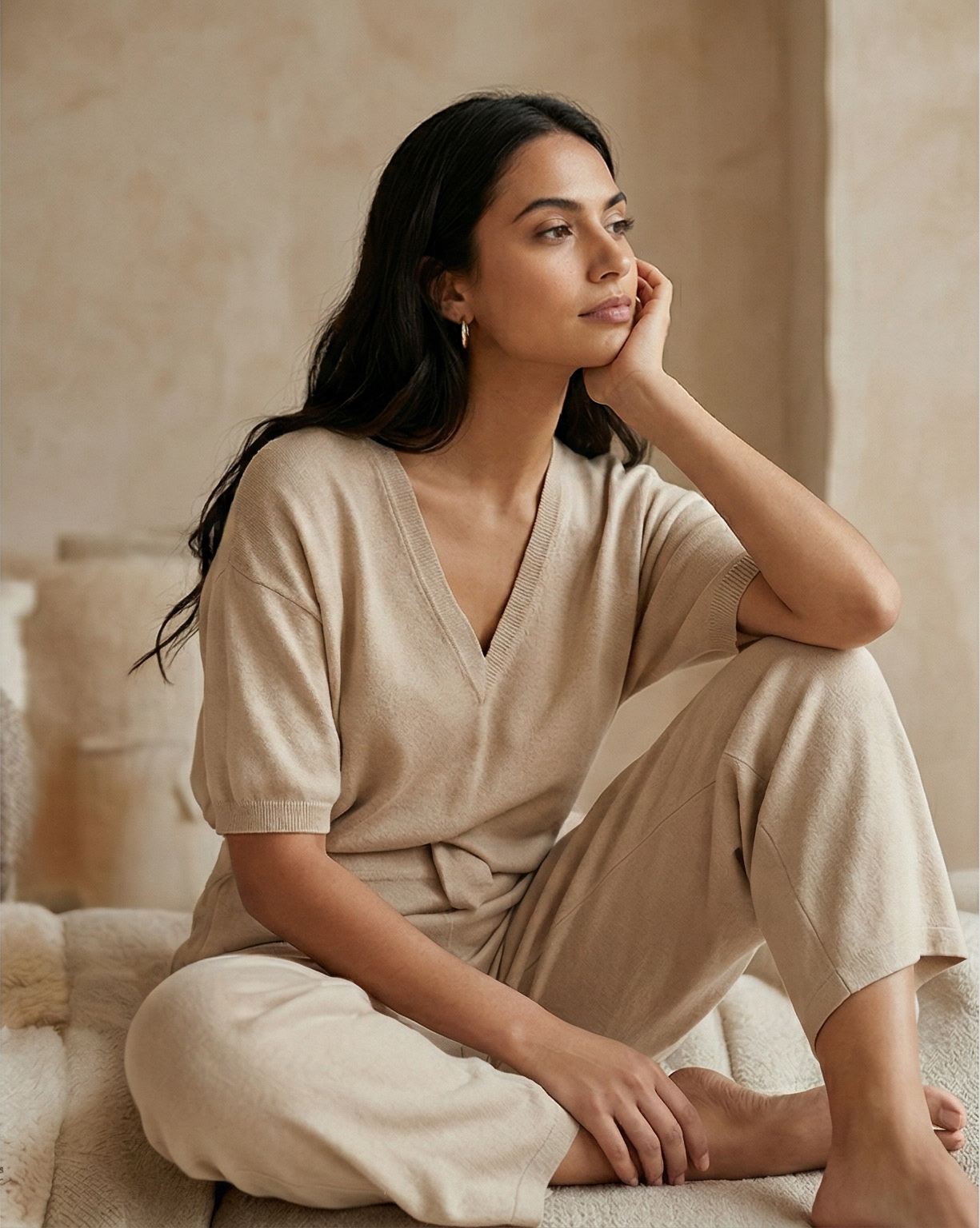 Woman in beige knit loungewear