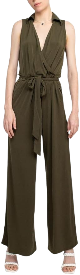 Sleeveless jumpsuit with tie front and V-neck