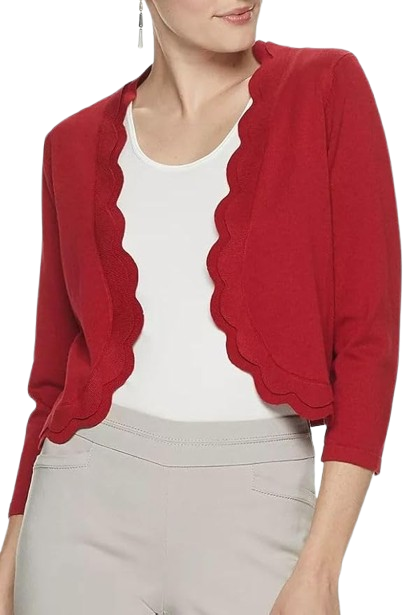 Scalloped Open Front 3/4 Sleeve Solid Rayon Knit Jacket by Nina Leonard